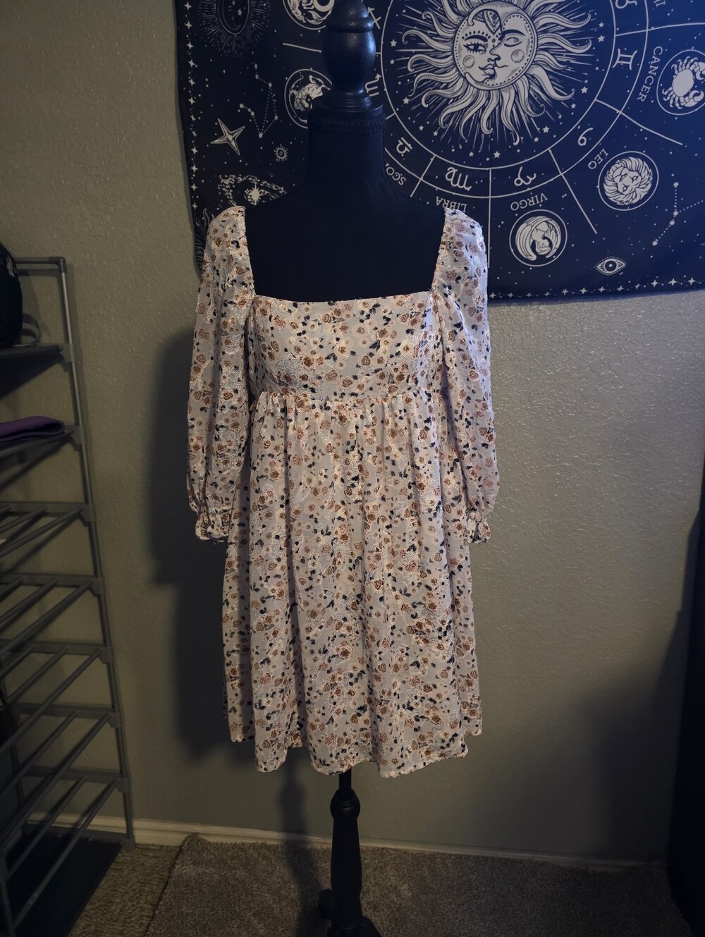 Blue Rain Pink Floral Square-Neck Puff Sleeve Top